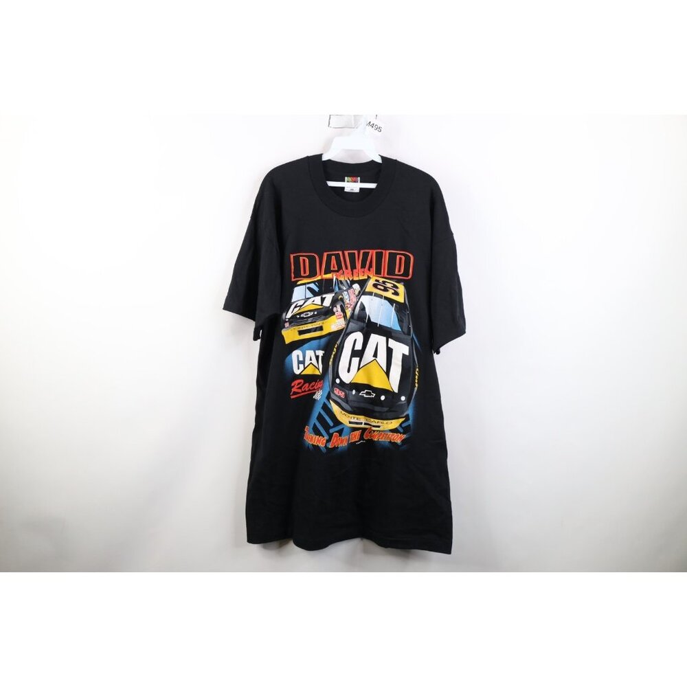 Vtg 90s NASCAR Mens 2XL Cat Racing David Green All Over Print T-Shirt Black USA